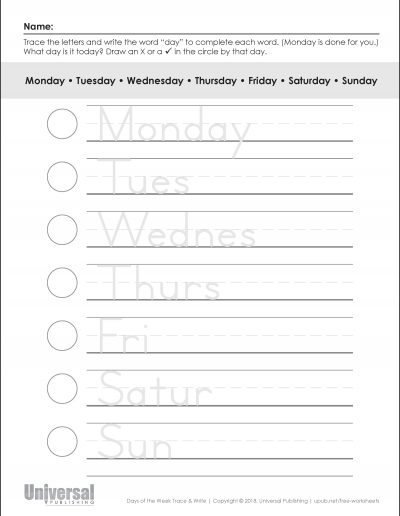 Days of the Week Tracing - Universal Publishing Blog