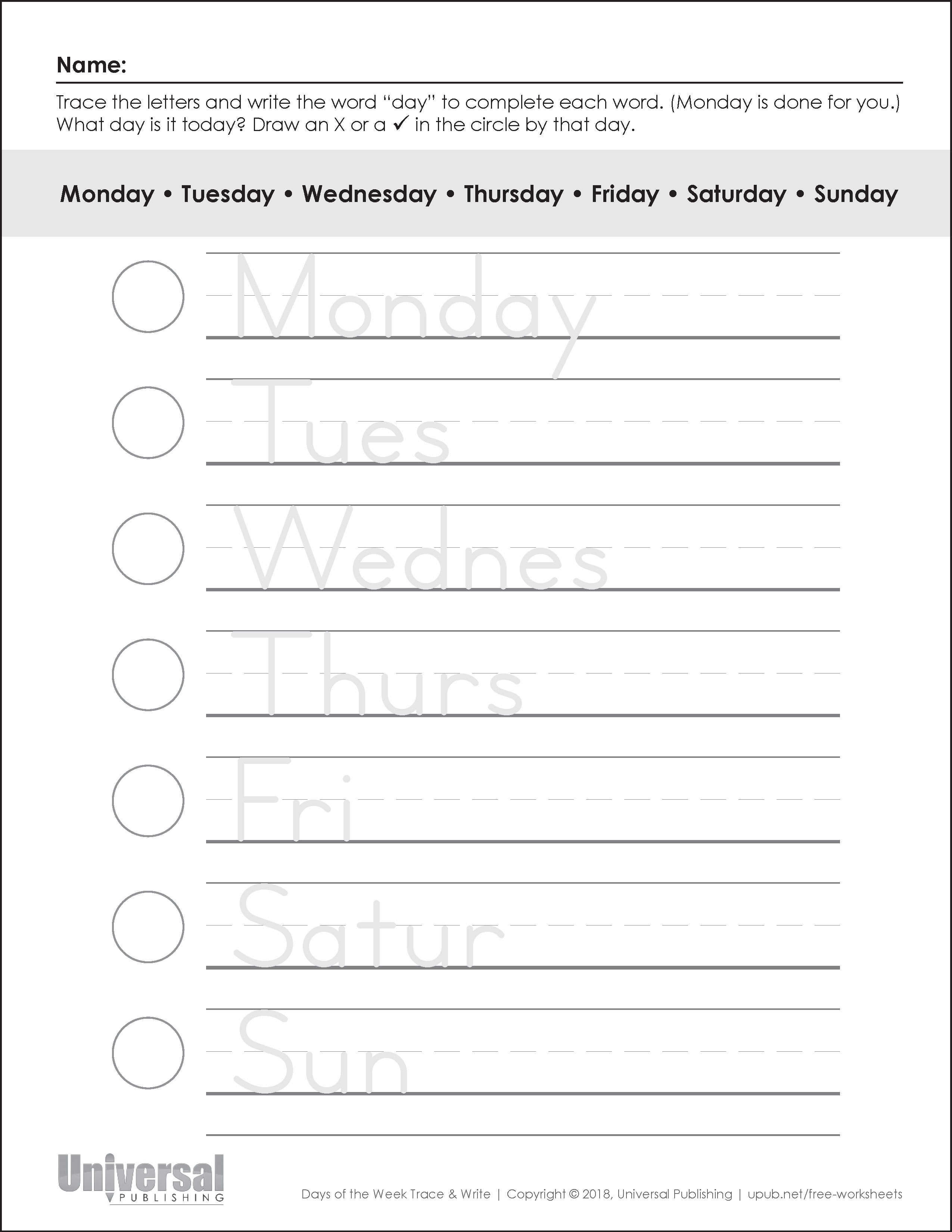 Days of the Week Tracing
