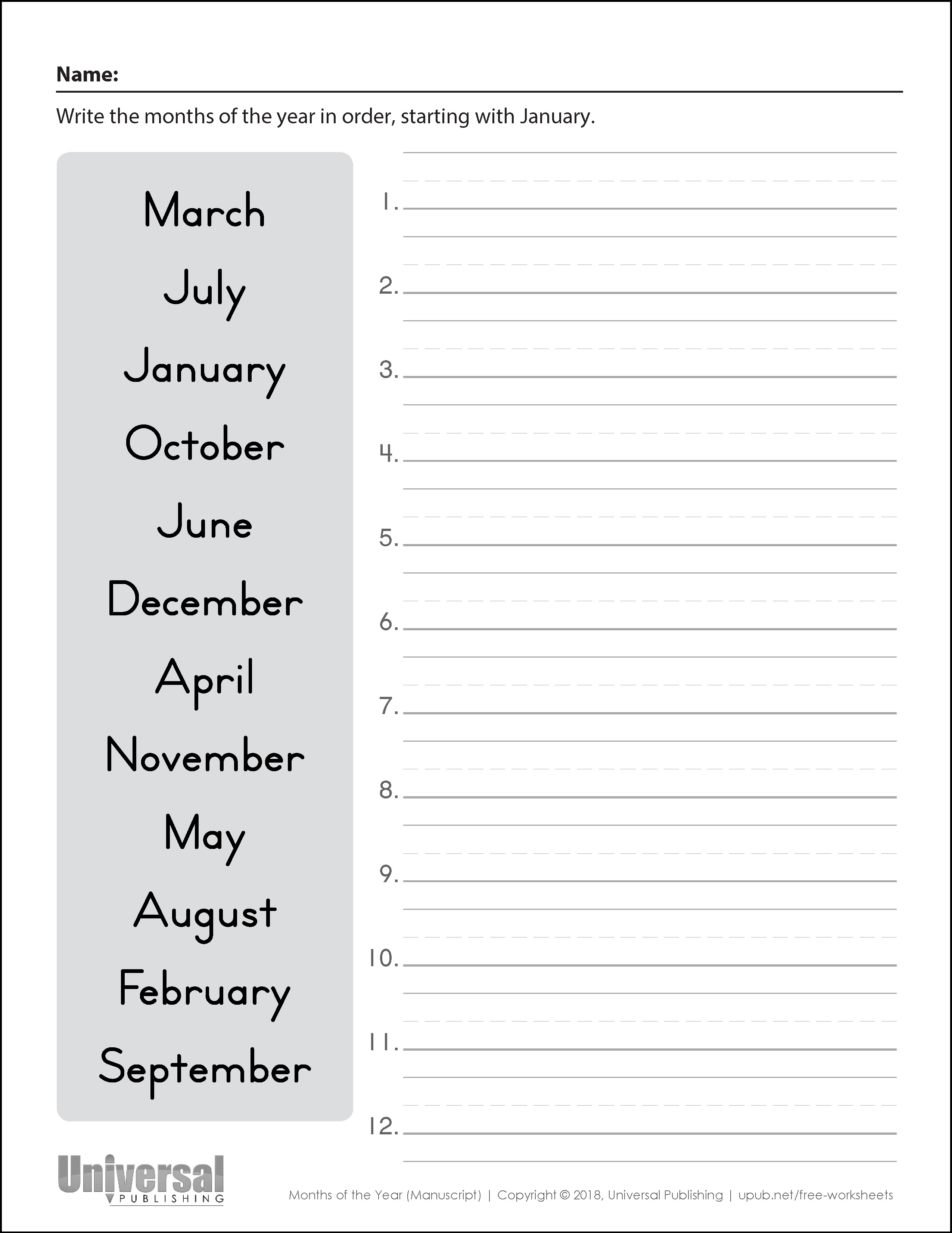 List Of Months In Order Printable