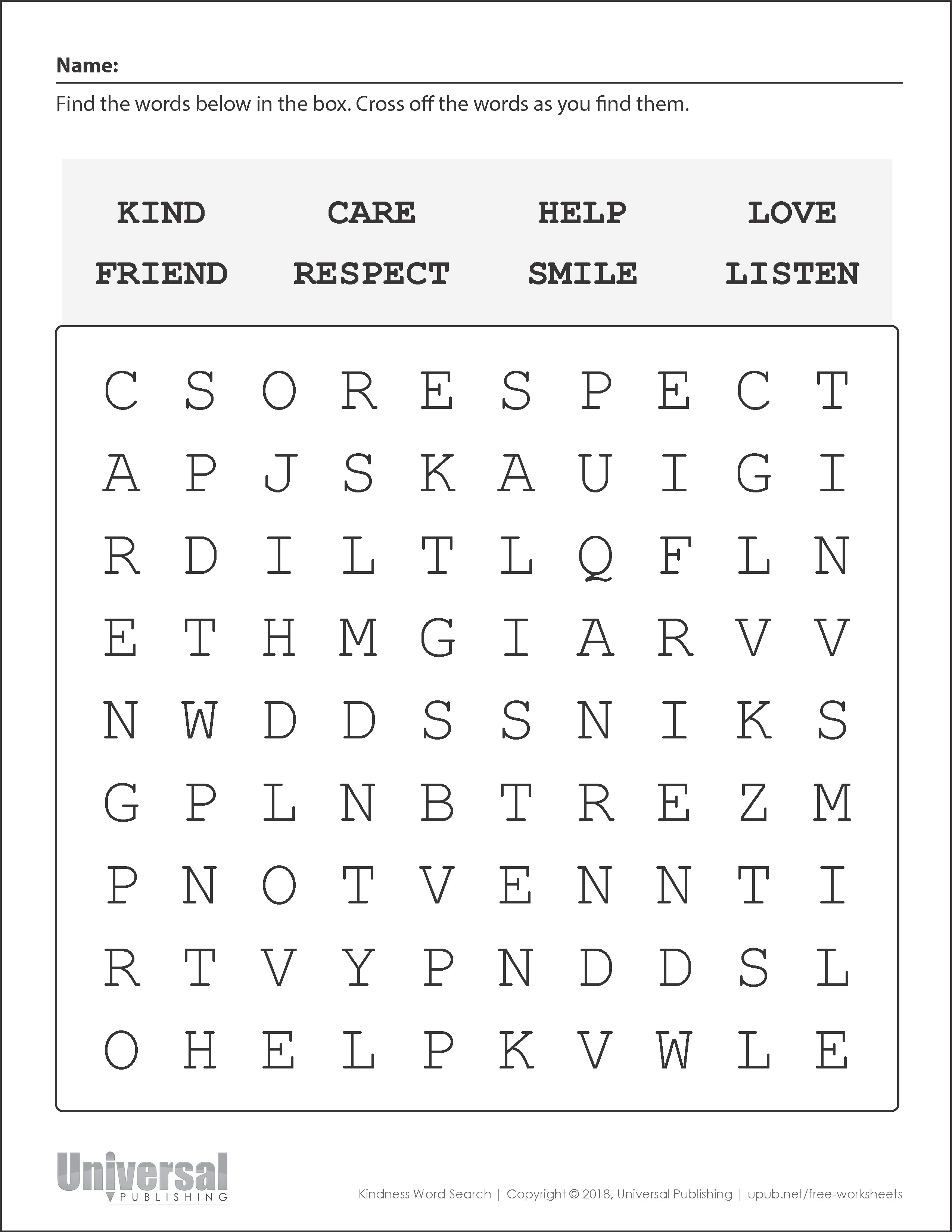 Kindness Word Search Printable