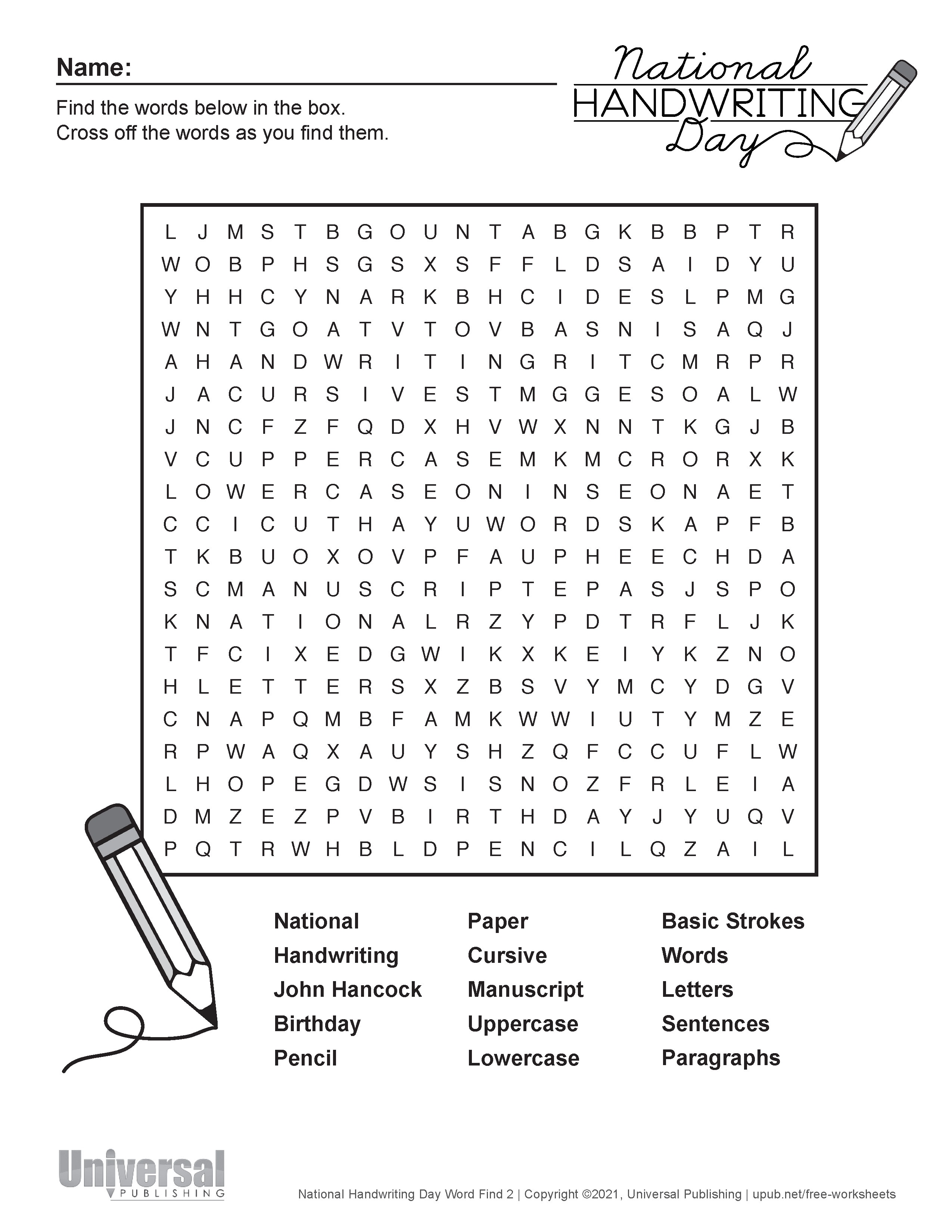 National Handwriting Day Word Find 2