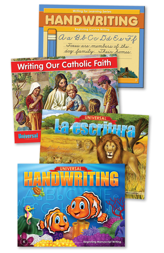 Covers of books from the Universal Handwriting, Universal la escritura, Writing Our Catholic Faith, and Writing for Learning series