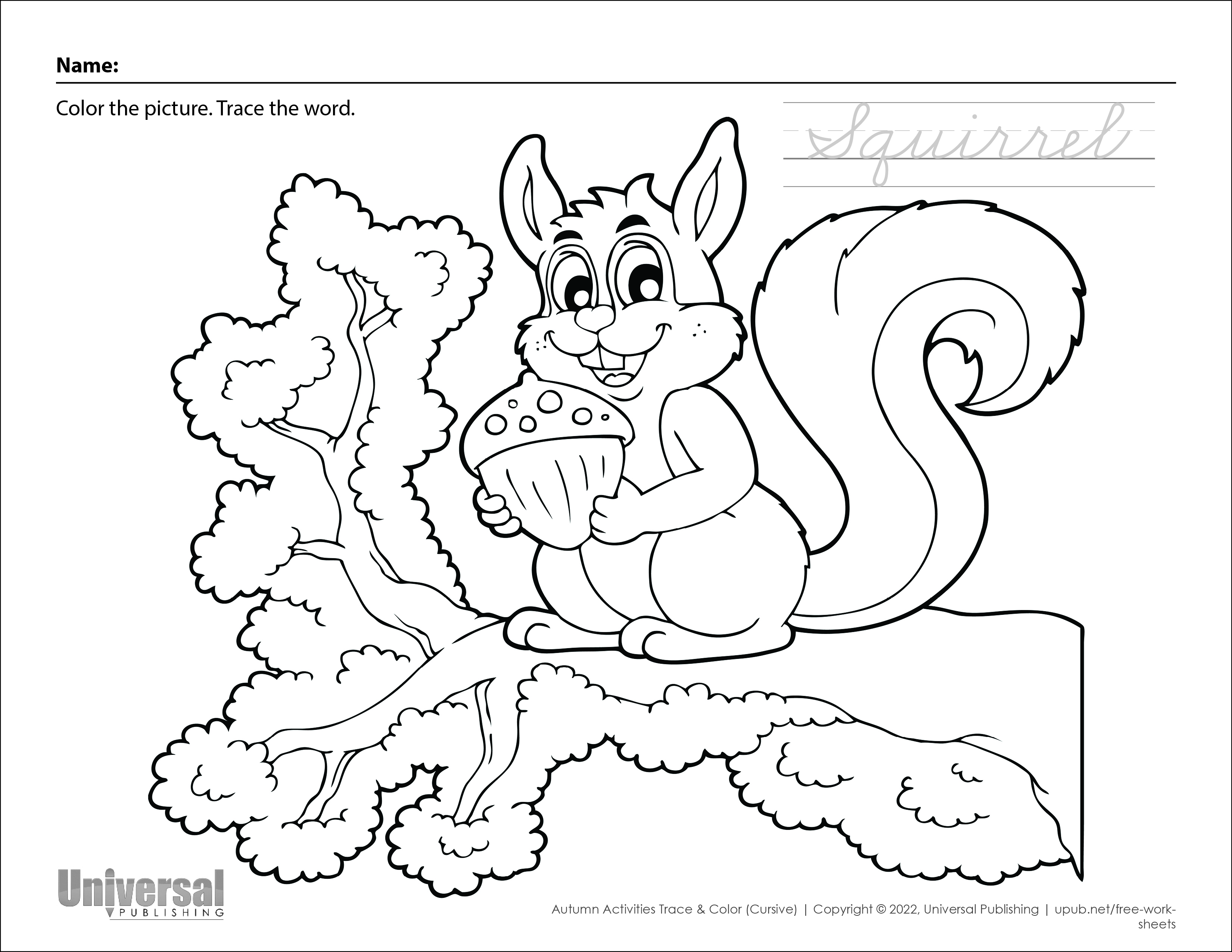 Fall Squirrel Color and Trace Cursive Activity