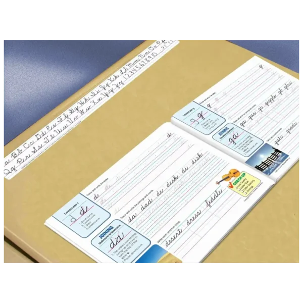 Cursive-Desk-Strips-and-Open-Book-on-Desk Cursive Desk Strips