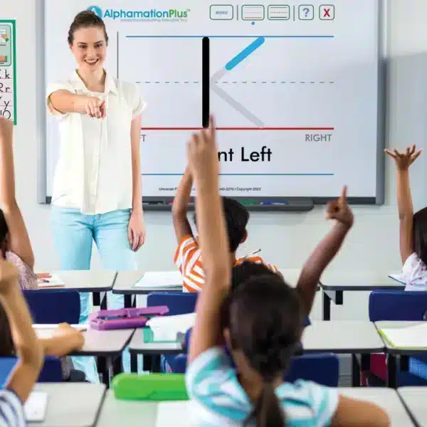 AlphamationPlus Manuscript K on Whiteboard in Classroom AlphamationPlus Subscription