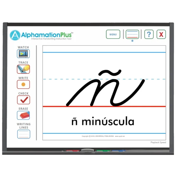 AlphamationPlus Spanish Cursive ñ on Whiteboard AlphamationPlus Subscription
